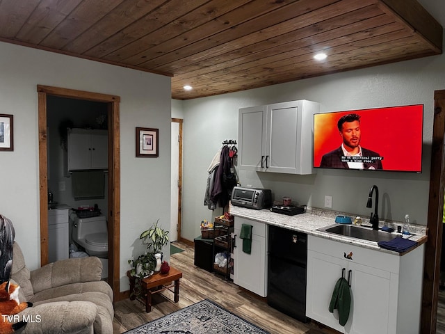 kitchen featuring wooden ceiling, white cabinets, sink, light hardwood / wood-style flooring, and black dishwasher