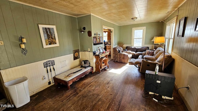 sitting room with crown molding, dark wood-type flooring, and wood walls