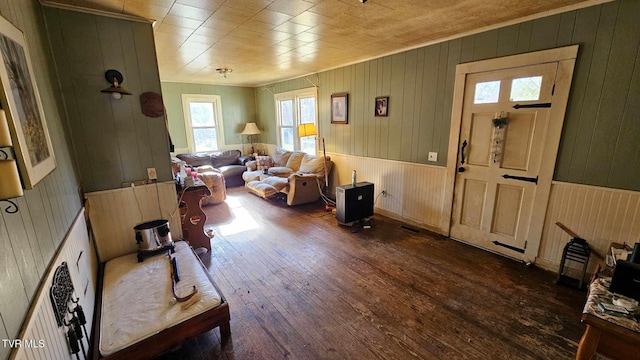 living room with dark wood-type flooring and wooden walls