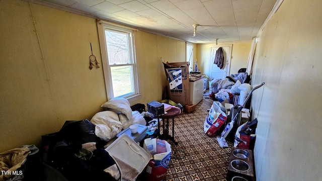 misc room featuring carpet flooring and ornamental molding