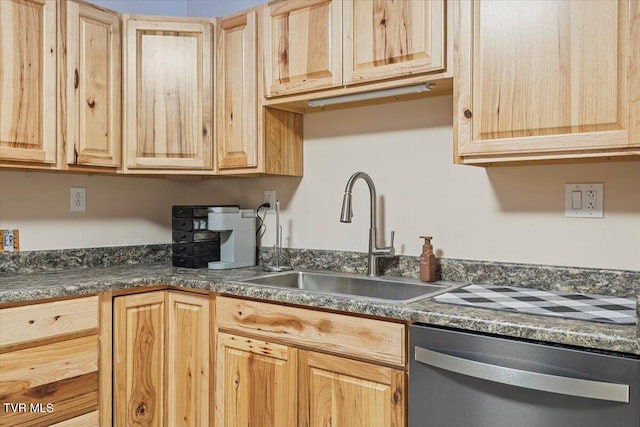 kitchen with dishwasher, sink, and light brown cabinetry