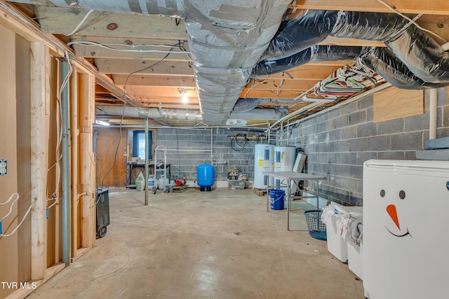 basement with electric water heater and fridge