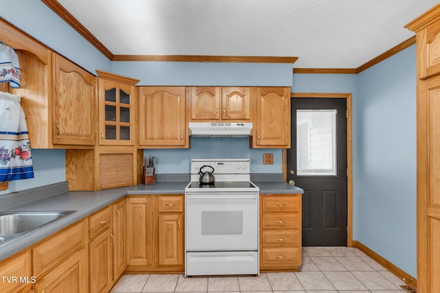 kitchen featuring white electric range oven, ornamental molding, sink, and light tile patterned floors