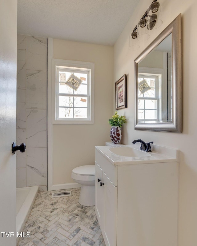 bathroom with vanity, a wealth of natural light, toilet, and tiled shower