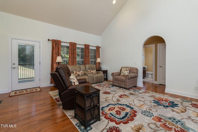 living room with hardwood / wood-style flooring and high vaulted ceiling