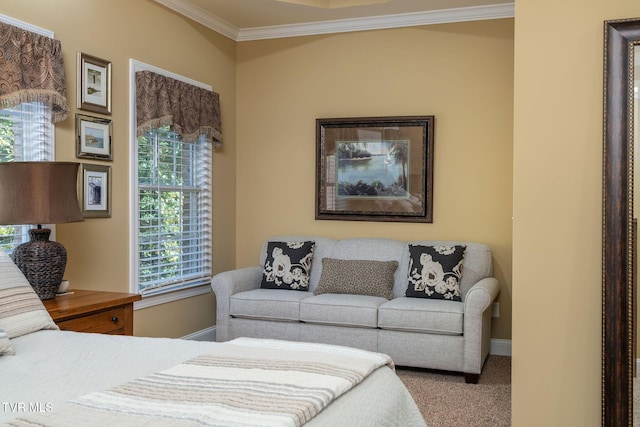 bedroom featuring carpet floors and ornamental molding