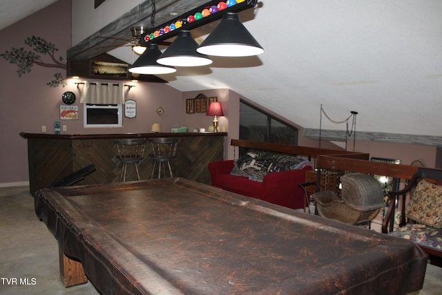 recreation room with lofted ceiling, light carpet, billiards, and indoor bar