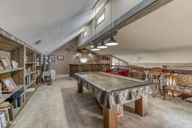 playroom featuring visible vents, lofted ceiling, pool table, bar, and carpet flooring
