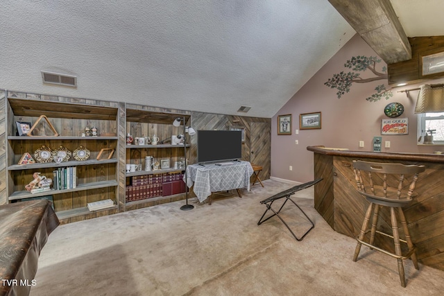carpeted bedroom with visible vents, a textured ceiling, a bar, baseboards, and vaulted ceiling