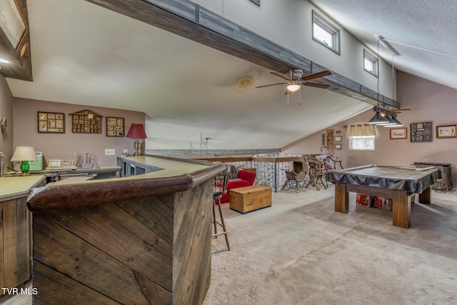 game room featuring ceiling fan, lofted ceiling, light carpet, a bar, and billiards