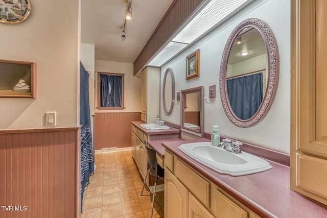 full bath with a sink, a wainscoted wall, rail lighting, and double vanity
