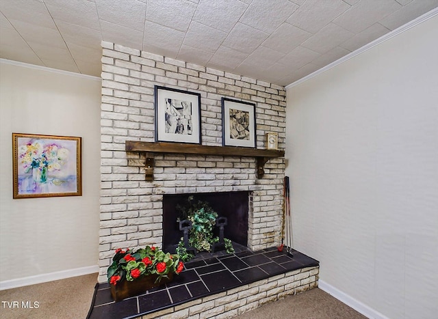 details with crown molding, a fireplace, and carpet floors