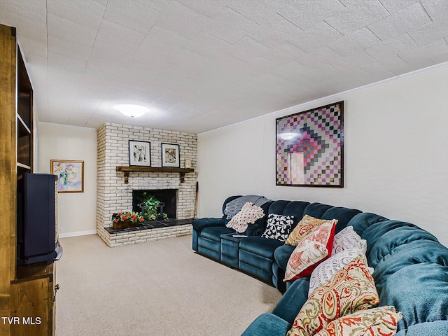 living room featuring a fireplace, carpet flooring, and crown molding