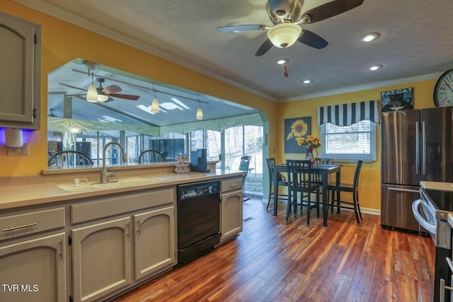 kitchen with gray cabinets, ornamental molding, sink, and appliances with stainless steel finishes