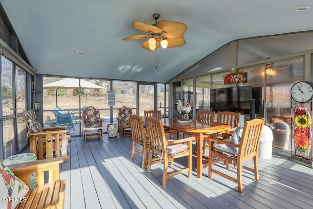 sunroom / solarium with ceiling fan and lofted ceiling