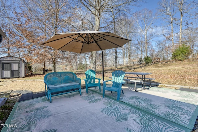 view of patio / terrace featuring a storage unit