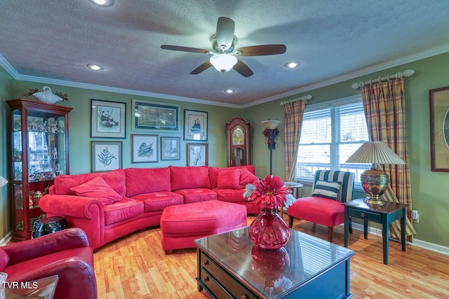 living room featuring a textured ceiling, light hardwood / wood-style floors, ceiling fan, and crown molding