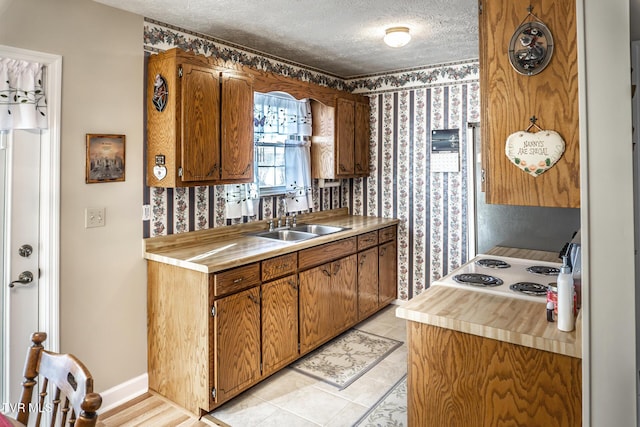 kitchen featuring stovetop, sink, and a textured ceiling