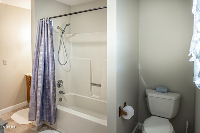 full bathroom with vanity, toilet, and shower / bath combo with shower curtain