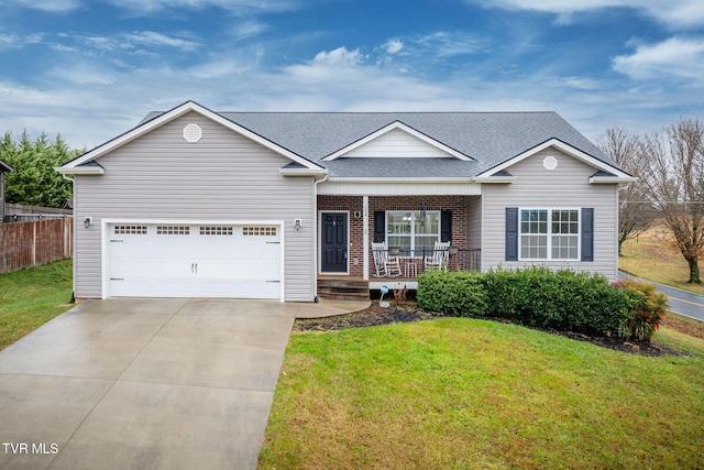 single story home with a garage, a porch, and a front yard