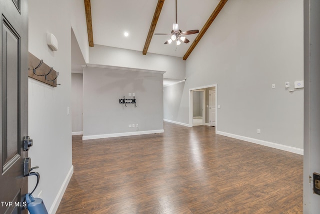 unfurnished living room with beam ceiling, ceiling fan, high vaulted ceiling, and dark hardwood / wood-style floors