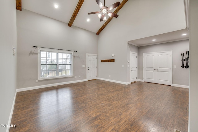 unfurnished living room featuring beamed ceiling, ceiling fan, dark hardwood / wood-style floors, and high vaulted ceiling