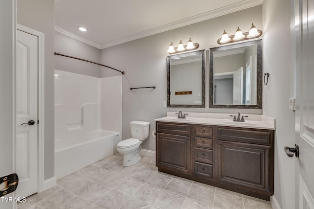 full bathroom with vanity, toilet, ornamental molding, and tub / shower combination