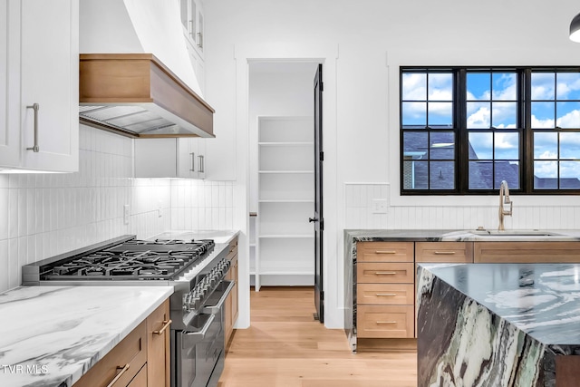 kitchen with custom exhaust hood, sink, light hardwood / wood-style flooring, high end stove, and light stone counters