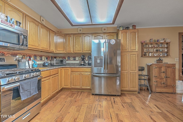 kitchen with light stone countertops, light hardwood / wood-style flooring, stainless steel appliances, and ornamental molding