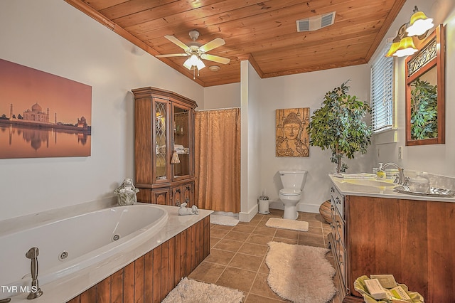 full bathroom with tile patterned flooring, vanity, wooden ceiling, and toilet