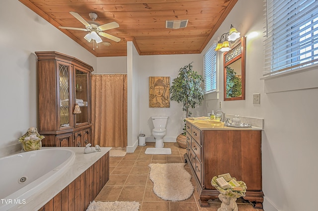 bathroom featuring vanity, tile patterned floors, wooden ceiling, and toilet