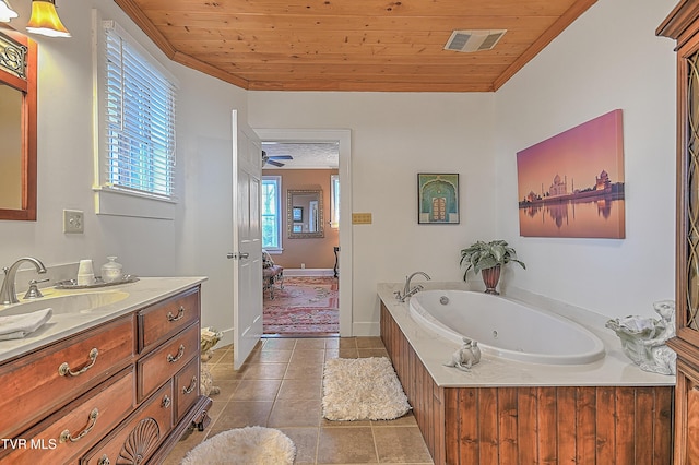 bathroom with vanity, a bathing tub, wooden ceiling, and tile patterned floors