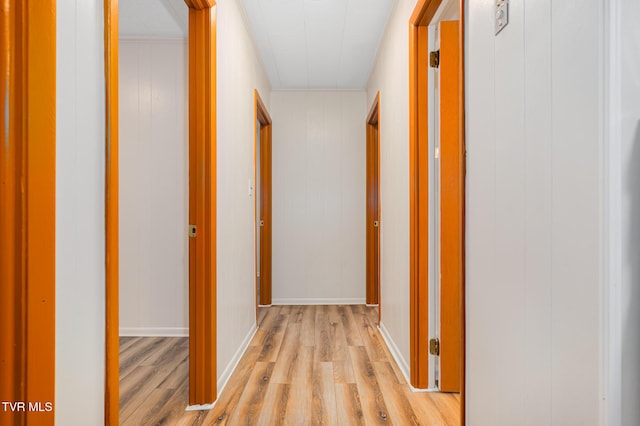 hallway featuring light hardwood / wood-style flooring and wood walls