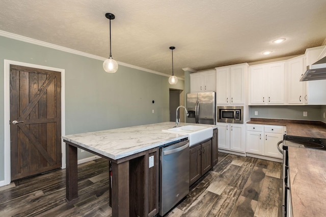 kitchen with a kitchen island with sink, appliances with stainless steel finishes, decorative light fixtures, dark hardwood / wood-style flooring, and white cabinetry