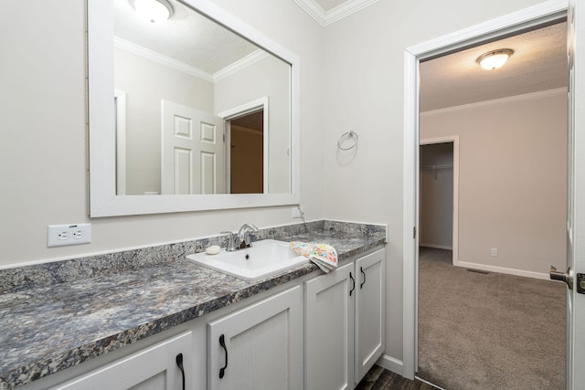 bathroom featuring crown molding, vanity, and a textured ceiling