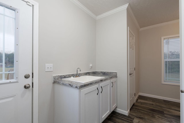 bathroom with vanity, wood-type flooring, a textured ceiling, and ornamental molding