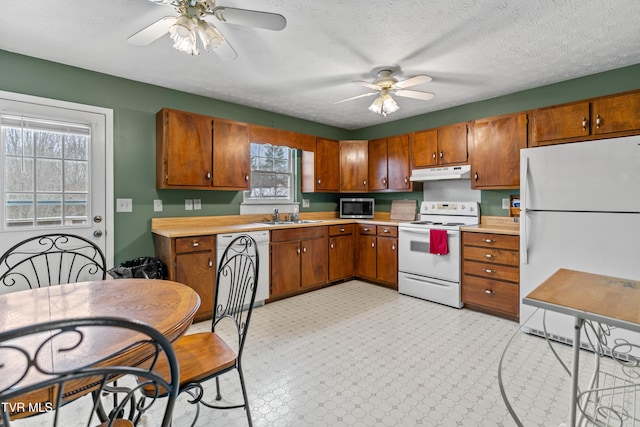 kitchen featuring a textured ceiling, white appliances, ceiling fan, and sink