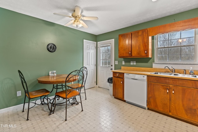 kitchen featuring ceiling fan, dishwasher, and sink