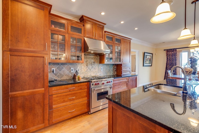 kitchen featuring sink, hanging light fixtures, tasteful backsplash, dark stone countertops, and designer stove