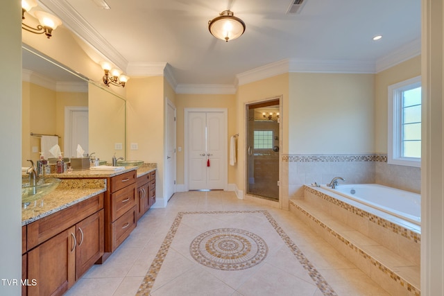 bathroom with tile patterned flooring, vanity, shower with separate bathtub, and crown molding