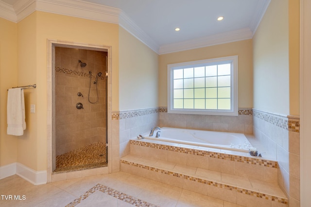 bathroom featuring tile patterned floors, crown molding, and independent shower and bath