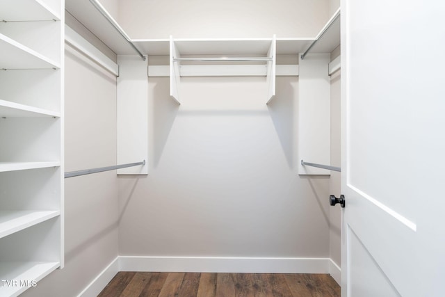 walk in closet with dark wood-type flooring