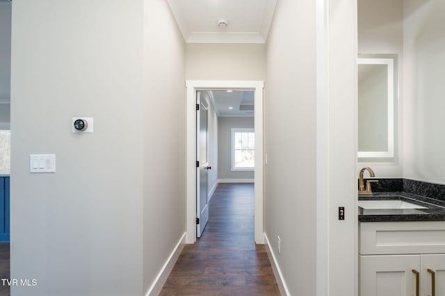 corridor featuring dark wood-type flooring, sink, and ornamental molding