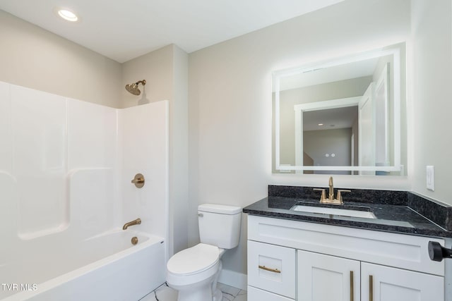 full bathroom with toilet, vanity, and bathing tub / shower combination