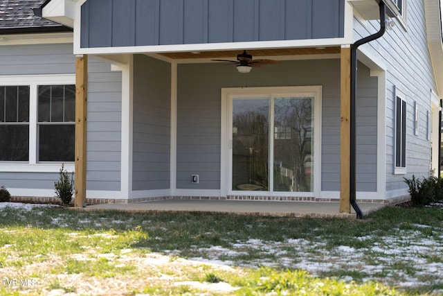 view of property exterior featuring ceiling fan and a patio