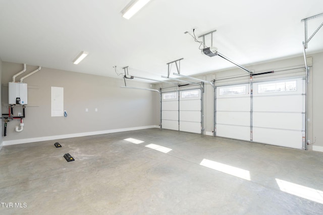 garage with electric panel, tankless water heater, and a garage door opener