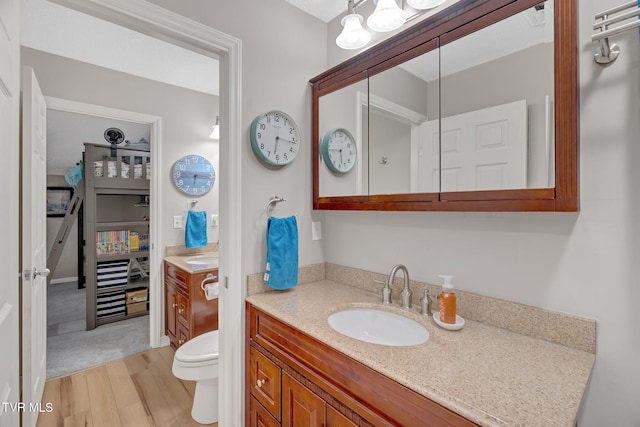 bathroom featuring toilet, vanity, and hardwood / wood-style flooring