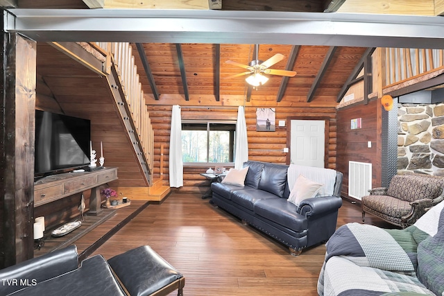 living room with ceiling fan, log walls, wooden ceiling, lofted ceiling with beams, and wood-type flooring