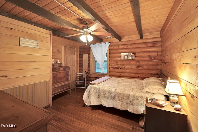 bedroom with rustic walls, ceiling fan, wooden ceiling, beamed ceiling, and dark hardwood / wood-style floors