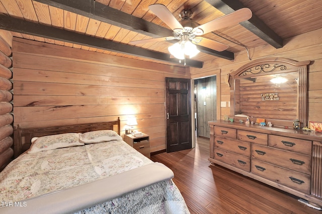 bedroom with beam ceiling, rustic walls, ceiling fan, dark hardwood / wood-style flooring, and wood ceiling